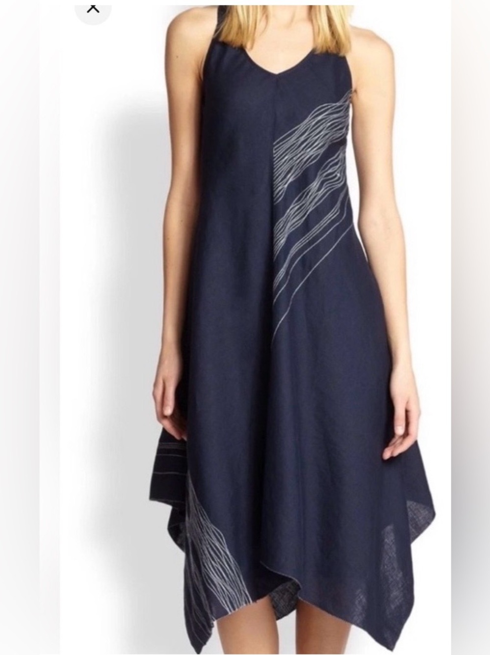 Eileen Fisher 100% Linen Navy Asymmetrical Handkerchief hem Dress